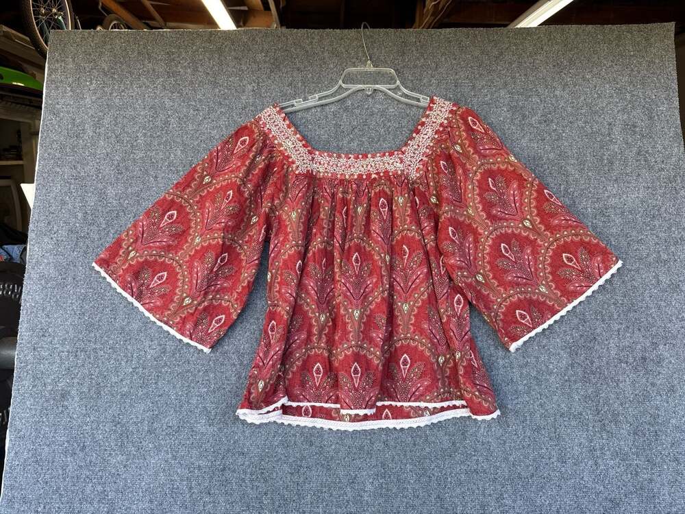 Rachel Zoe Red Paisley Embroidered Square Neck Peasant Top Size S